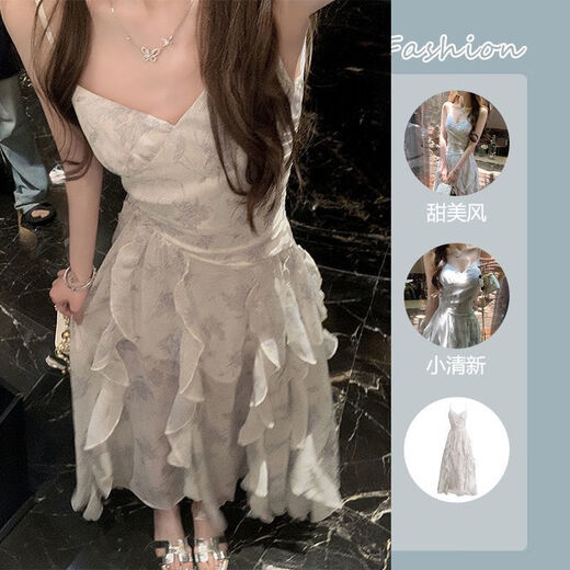 FOX.G skirt new suspender dress women summer 2025 new clothes women's small French pure desire long skirt ink floral ruffle dress L recommended 110-120Jin Jin equals 0.5 kg
