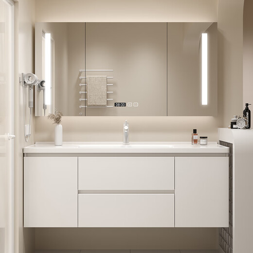 Jiumu Cream-Stil-Badezimmerschrank Kombination Leicht Luxus süßes massives Holz moderne einfache Badezimmer Waschbeamte Handwaschbewohner Schrank L719 Bodenschrank Aufbewahrungsspiegelschrank Schrank