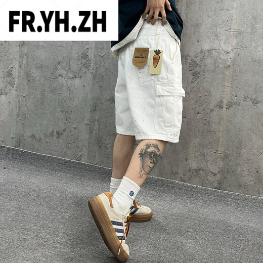 
FR.YH.ZH Yin Xiaoji Heavy washing loose workwear large pocket white bamboo joint denim shorts five-point pants men and women 1049 white M 90-110