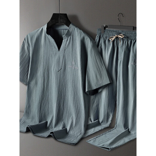 Langsha Pajamas Men's Men's Summer d'âge moyen d'âge moyen à manches courtes mince Été Cool grande taille style masculin peut porter des vêtements à la maison Suit 9906 Gris-bleu [short à manches + shorts] Suit 2xl [120-135Jin [Jin est égal à 0,5 kg]]]