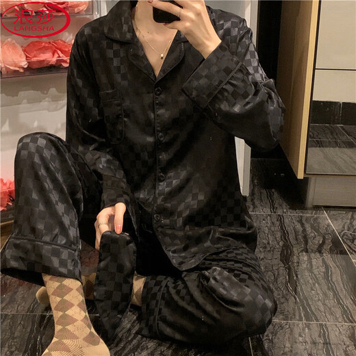Langsha (Langsha) Pyjama printemps et été pour les femmes pour les manches longues en soie à glace d'automne Ensemble en deux pièces pour les femmes 2025 NOUVEAU COMMISSEMENTS MINEURS 724 JACQUARD-WHITE PLAID (SET) M (Recommandé 90 Jin [Jin est égal à 0,5 kg]))