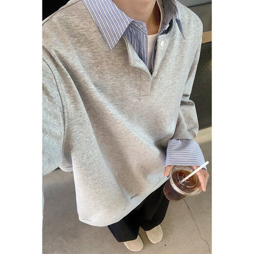 Pugesi (PUGESI) fake two-piece lapel long-sleeved shirt for men in autumn versatile layered henley shirt casual jacket gray M