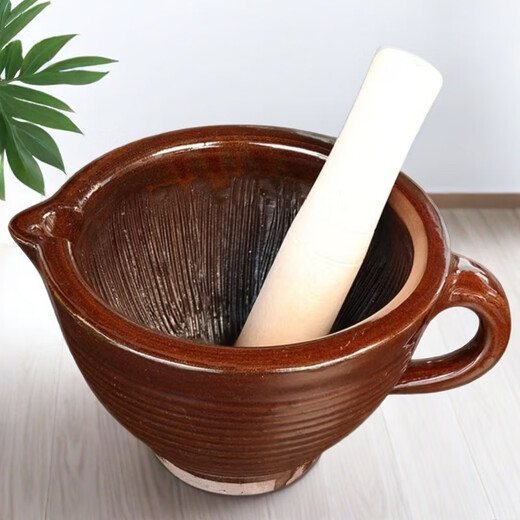 Vinoa household hammered pepper egg pounding pepper machine old-fashioned thickened coarse pottery radium vegetable bowl food grinder garlic jar thickened clay pottery radium bowl medium 18cm (with wooden mallet)