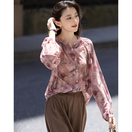 Demana Gentle French Autumn Retro Elegant Chiffon Printed Shirt Stand Collar Loose Temperament Shirt Women's Top