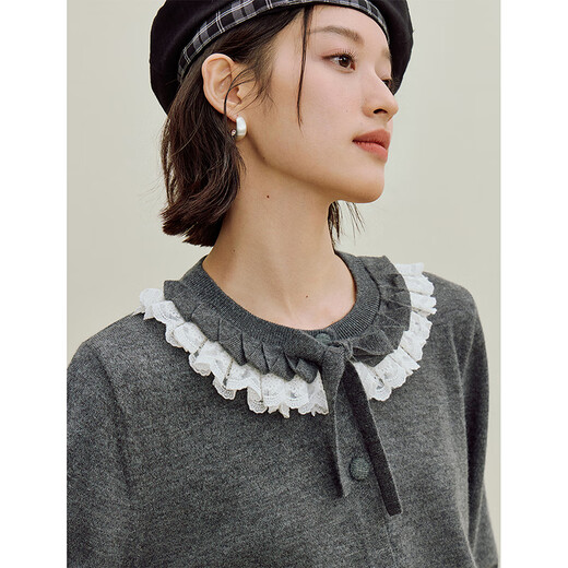 Inman velvet lace lace-up cardigan sweater 2025 autumn women's new simple commuter long-sleeved knitted jacket Noble gray M