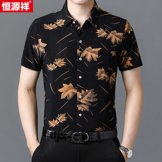 Hengyuanxiang 25 summer new short-sleeved shirt for men ice silk cool thin printing middle-aged men's shirt daddy suit 9898 gold 4XL 190