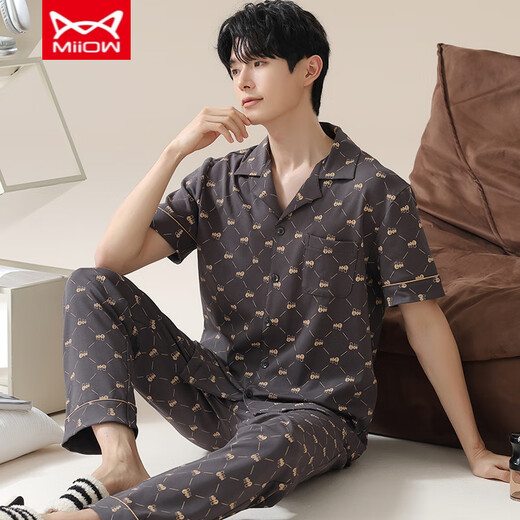 Catman MIIOW men's pajamas summer pure cotton short-sleeved trousers spring and summer thin simple large-size cardigan home clothing set:An693 L men
