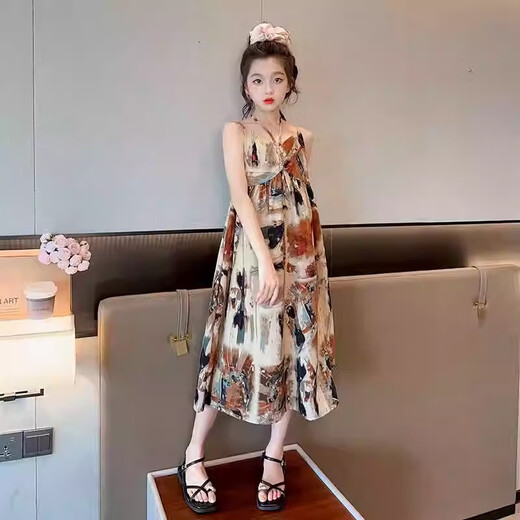 奥特曼儿童装女童吊带裙夏装2025新款夏季洋气连衣裙大童雪纺沙滩裙子S 圣托日落黄 120 cm