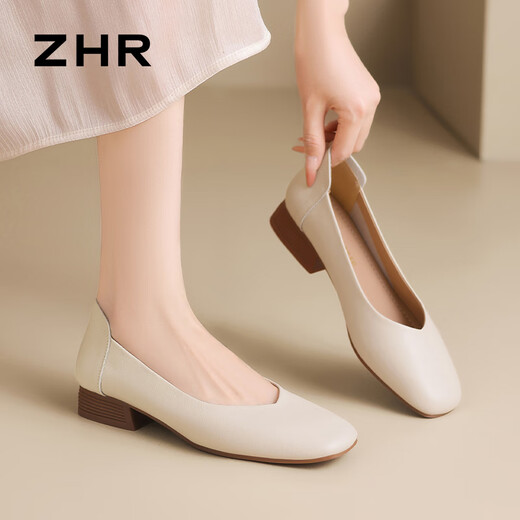 ZHR粗跟船鞋女浅口简约女鞋夏季一脚蹬通勤单鞋女 AH677 米色  35 