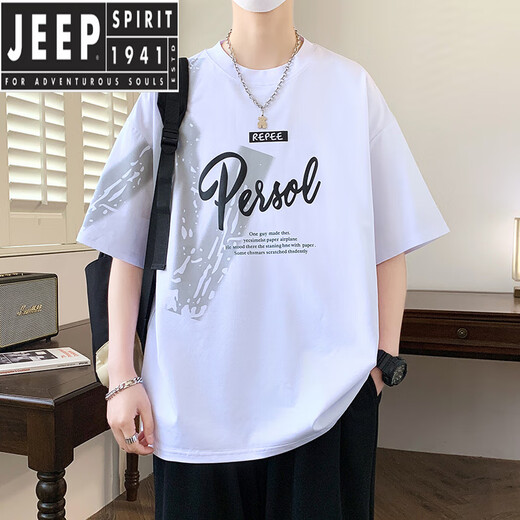 JEEP SPIRIT大码男装宽松短袖T恤高生夏季五分袖加肥加大圆领上衣服 D693款五分袖黑色 M (90-105斤)