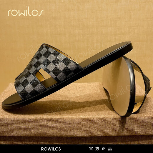 rowilcs品牌新款男士牛皮拖鞋夏季外穿软底大码休闲室外一字凉拖时尚舒适 黑色 38