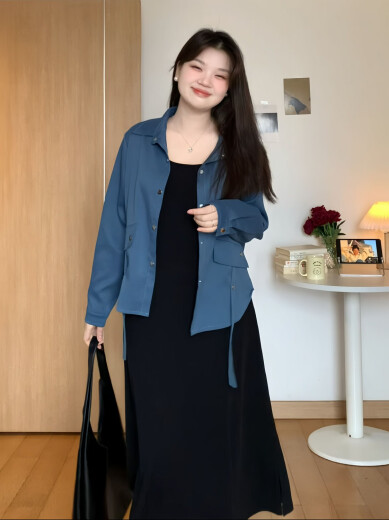 Capítulo genial (Kuzhang) Meow en forma de pera de miau ligeramente gordo MM Autumn Slim informal y versátil Vestido de suspensión Traje de gran tamaño 6636 Camisa verde + Vestido de suspensión negro L