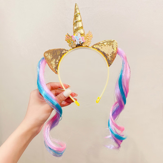 Jieyi Unicorn Headband Wig Halloween Party Performance Props Children's Cute Cartoon Fish Tail Sequined Shell Headdress One Pack Unicorn Gold Headband