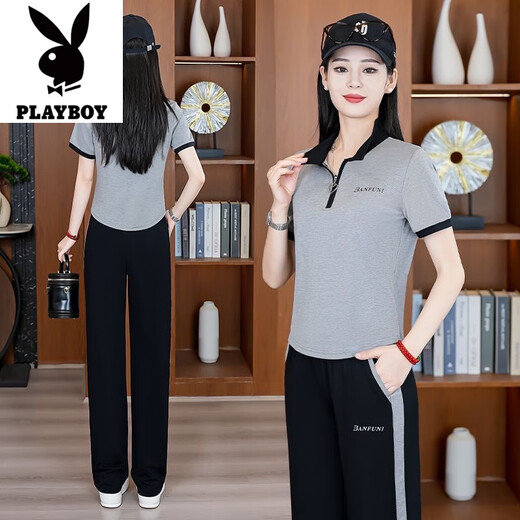 花花公子（PLAYBOY）休闲运动套装女夏季2025新款女士洋气减龄短袖阔腿裤跑步服两件套 黑色【两件套】-旗舰款 M 【建议95斤以内】