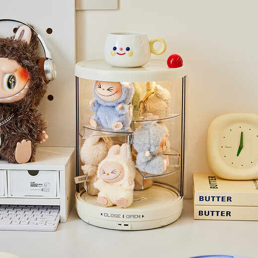 GOTOlabubu Bubble Mart blind box lighting display cabinet dust-proof transparent rotating figure storage box doll storage rack rotating figure box (double-layer electric with light model)