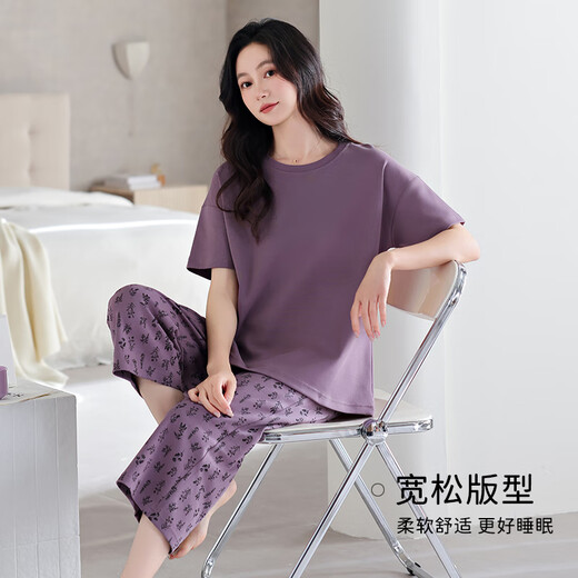 兰缪 (LAMIU)睡衣女款2025新款夏季莫代尔棉女士短袖七分裤娴雅家居服夏天 DM13807深丁香紫色 M