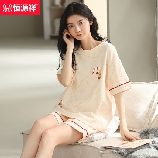 恒源祥睡衣女款夏季纯棉短袖短裤可外穿20年新款全棉家居服套装可外穿 9848黑白条纹 品牌100%纯棉 M 建议80-100斤穿