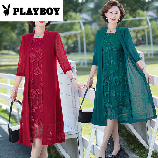 花花公子（PLAYBOY）香云纱中老年女装夏季新款连衣裙妈妈装遮肉显瘦洋气假两件裙子 绿色 9227款裙 2XL 建议105-118斤