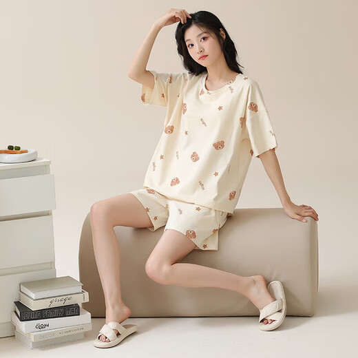 Pure Cotton Pajama с грудной подушкой для женщин летом 2025 г. Новый летний круглый круглые шорты с коротким рукавом набор домашней одежды Z1343 XL