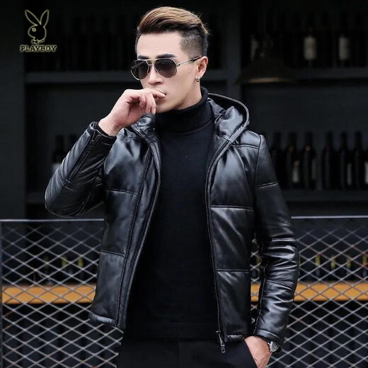 花花公子（PLAYBOY）2025冬季新款真皮质感皮衣男短款潮流修身夹克连帽加厚休闲外套男 黑色 2XL 180码-140-155斤