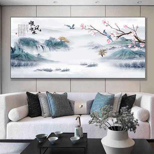 Jiangong Jiahe Wanshixing Sala de estar Decoración de la sala Pintura de paisaje Sofá Fondo de pared Pintura de pared de pared Calligrafía y pintura Nuevo chino Atmosférico Central Hall CT-833 [Home] Modelo de imagen principal 01 [Producto terminado de Plexiglass] + Marco de aleación de aluminio (((