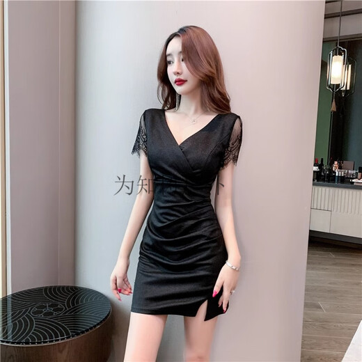 Für Zhishu Nightclub KTV sexy Kleid für Frauen Deep V Kleid Spa Fußbademassage Techniker Arbeit Kleidung Hip Rock Nachtclub 3882 Black + XL Empfohlen 115-125Jin [Jin ist gleich 0,5 kg]