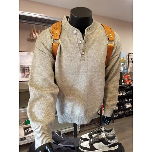 An Chuxia Gray American Henley Collar Knitted Sweater Men's Long Sleeve Lazy Style Cleanfit Bottoming Sweater Jacket Light Gray XL