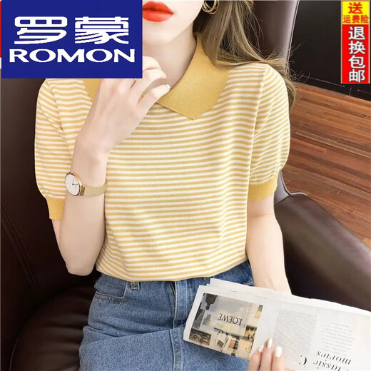 Collar de muñecas a rayas de Romon para mujeres de manga corta de 25 años, suéter de seda de seda de hielo, camiseta delgada pequeña de la edad DX691# amarillo s recomendado 80-100Jin [Jin iguala 0.5 kg]
