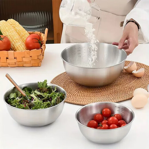 Stainless steel salad bowl multi-purpose fruit bowl vegetable salad egg beater kitchen household with scale and basin 17cm stainless steel and basin 1
