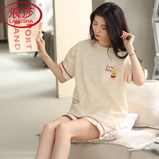 LangSha light luxury high-end pajamas for women in summer pure cotton thin short sleeves New cute summer home clothing two-piece set DGG-N1478 tight pure cotton M [recommended 80-100Jin [Jin equals 0.5 kg] wear]