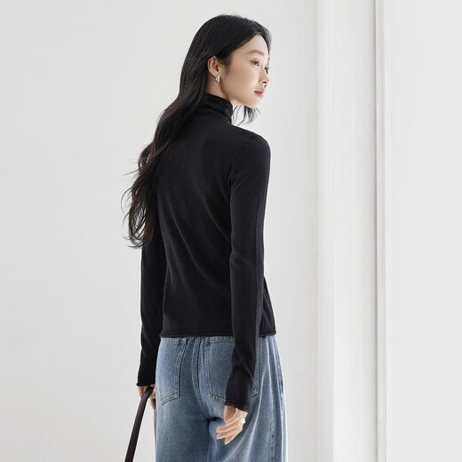 Dialogue (DUIBAI) cashmere + sheep wool solid color curled turtleneck sweater for women 2025 winter new knitted bottoming shirt, quiet black S