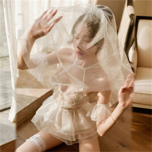 情趣婚纱新娘战袍女性感睡衣透明蕾丝婚纱情趣制服挑逗火辣诱惑套 魅惑黑套装+9756+模特袜 均码80-120斤