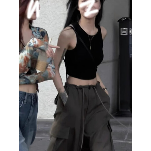 Qiaoyi American Short Pursend Vest с грудной подушкой для женщин летом 2025 г. Новый стиль внутри и снаружи одетая в горячие девушки футболка без рукавов Top Black с грудной панелью L подходит для веса 80-120
