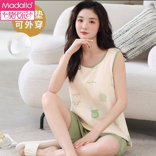 莫代尔带胸垫一体背心睡衣女夏舒适棉无袖大码家居服女生薄款可外穿套装 背心套装【带胸垫】F9856 L 女 建议100-120斤