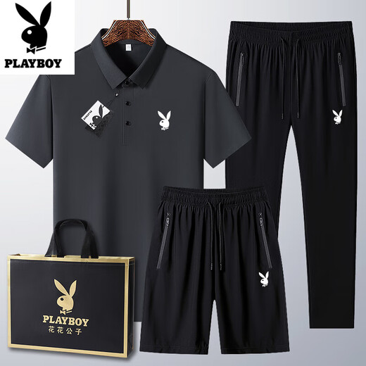 花花公子（PLAYBOY）中青年运动套装男2025夏季新款爸爸短袖t恤冰丝休闲三件套短袖男 6629#深灰【短袖+短裤】 XL 穿130-145斤