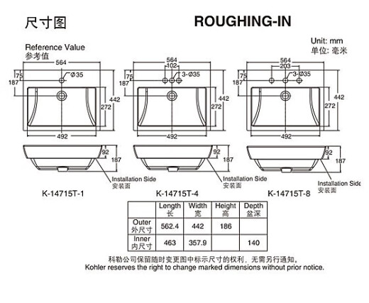 2025新款科勒派丽蒙时尚脸盆K-14715T-148-0台上盆洗手盆 K-14715T-8-0-三孔 不含下水器