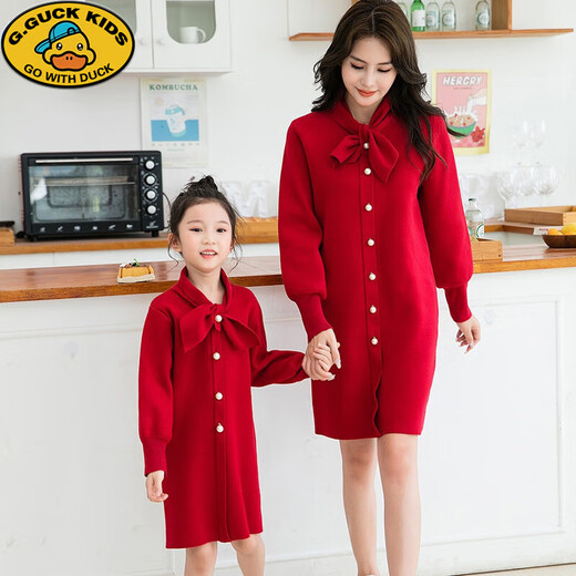 G.duck parent-child clothing for a family of three or four New Year clothes, family clothing, autumn and winter clothing, mother and daughter, mother and son, father and son red parent-child sweater, red, girls 12-18 (80cm)