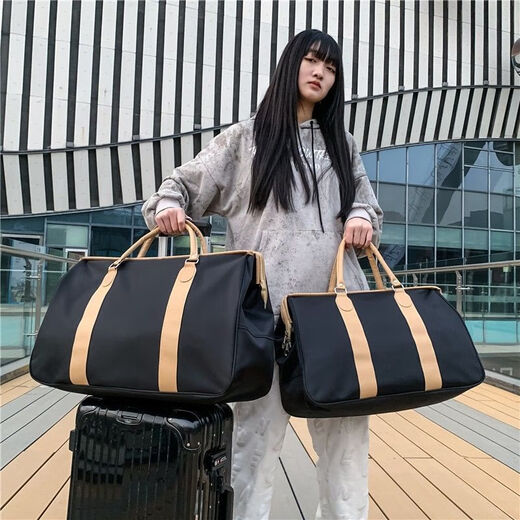 布潮喵时尚外出短途旅行包女手提包男大容量行李包防水可套拉杆旅行袋 黑色[加厚防水版可套拉杆] 大号[42升]