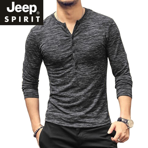 Jeep Spirit Spring- und Herbst-Herren-Mode-Knopf-Ling Langarm T-Shirt European und American Casual Henry Kragen Basishemd Top Herren Mode neue Khaki Referenz Details Größe S (empfohlene Höhe 165cm-170 cm)