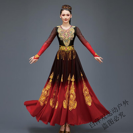 Jingting Xinjiang Uyghur Dance Costumes Female Uyghur Costumes Adult Square Performing Arts Examination Large Swing Skirt Set Hat + Dress + Waistband + Pants S (85-100Jin Jin is equal to 0.5 kg)