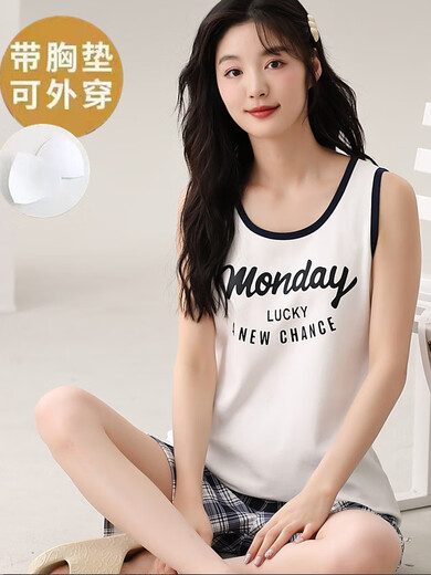 莫代尔背心睡衣女夏季薄款自带胸垫一体可外穿舒适棉夏天无袖家居服套装 背心套装[带胸垫]Y1105 XL 女3码建议140-15f