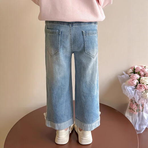 Girls' pants autumn 2025 new style of small and medium-sized children's straight-leg pants girls fashionable jeans children's wide-leg pants autumn K-158 rabbit jeans 130 Recommended height 120-130cm