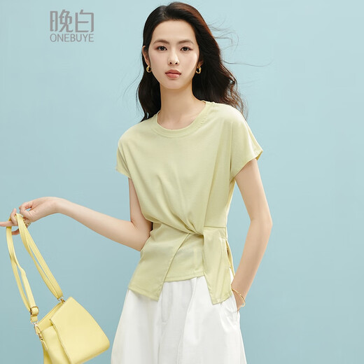 晚白【断码清仓】2025夏款奶黄色上衣圆领莱赛尔显白短袖t恤女 嫩黄色 S