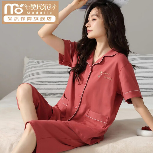 莫代尔棉质睡衣女夏季短袖七分裤大码开衫中青年女士套装外穿家居服 n9898短袖七分裤开衫 4XL (180-200斤)