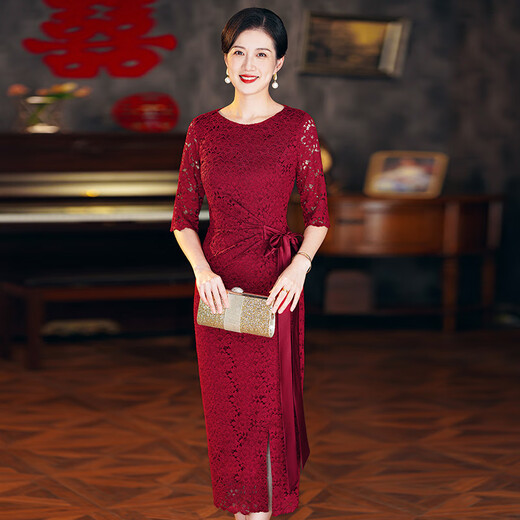 Departure Day Cheongsam 2025 New Wedding Mother's Dress Noble New Mother-in-Law Wedding Banquet Dress Lace Improved Dress Foreign 9761 Burgundy M Recommendation 90-100 Jin Jin equals 0.5 kg One size fits all