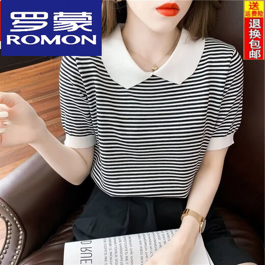 Collar de muñecas a rayas de Romon para mujeres de manga corta de 25 años, suéter de seda de seda de hielo, camiseta delgada pequeña de la edad DX691# amarillo s recomendado 80-100Jin [Jin iguala 0.5 kg]