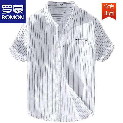 罗蒙（ROMON）男士条纹衬衫短袖宽松夏季薄款日系休闲百搭纯棉衬衣夏装衣服 9721白色 M 100斤左右