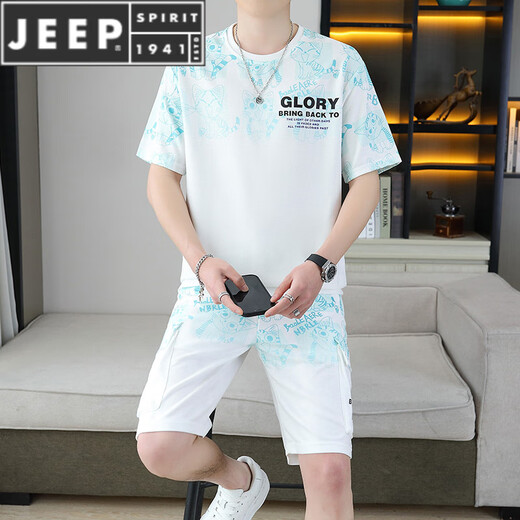 JEEP SPIRIT2025夏季新款短袖套装男百搭短裤休闲运动两件套渐变色男装 6187蓝色 M