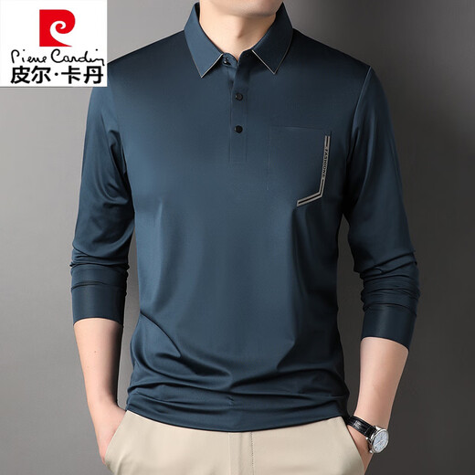 
Pier Cardin ice silk traceless T-shirt men's long-sleeved lapel polo shirt cool feeling with pocket pocket middle-aged T-shirt dad top gray-7036 L 170