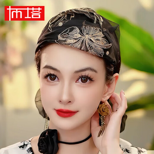 PTAH heavyweight silk mulberry silk embroidery handmade half hat to cover white hair, widened headband, western style retro versatile headband hat, black gold embroidery